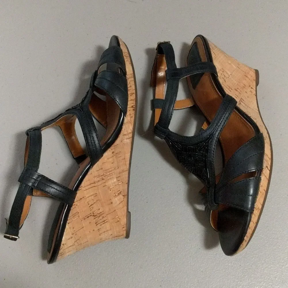 Clark's Black leather sling back cork wedge strappy beaded sandals 10M